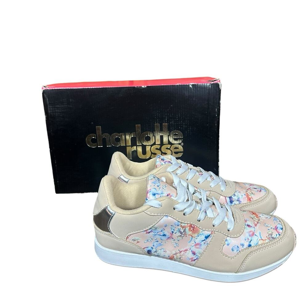 NEW Charlotte Russe Pippa Pastel Pink Floral Tan Lace Up Shoes Sneakers Size 8